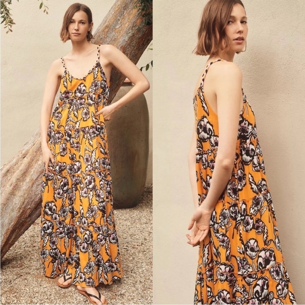 Anthropologie RO's Garden May Maxi Dress Floral Orange Black Pink Braided Small